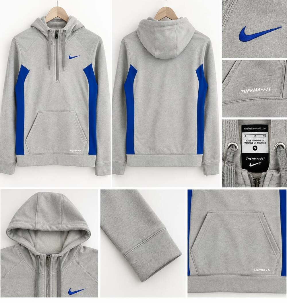 Women NIKE Therma-Fit 1/4 Zip Hoodie Light Grey With Blue